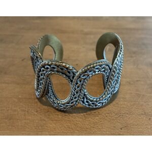 Rustic Cuff 1.5" Wide Calyspo Gold With Blue Wash Metal Fashion Bracelet  Boho